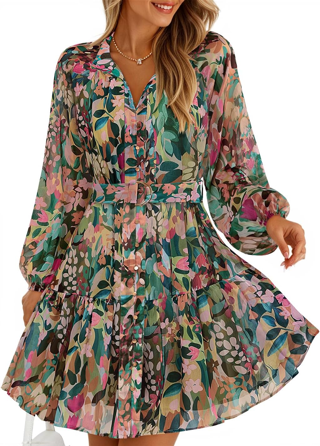 ZESICA Womens Spring Summer Floral Mini Dress Long Sleeve Button Chiffon A Line Swing Short Wedding Guest Party Dresses