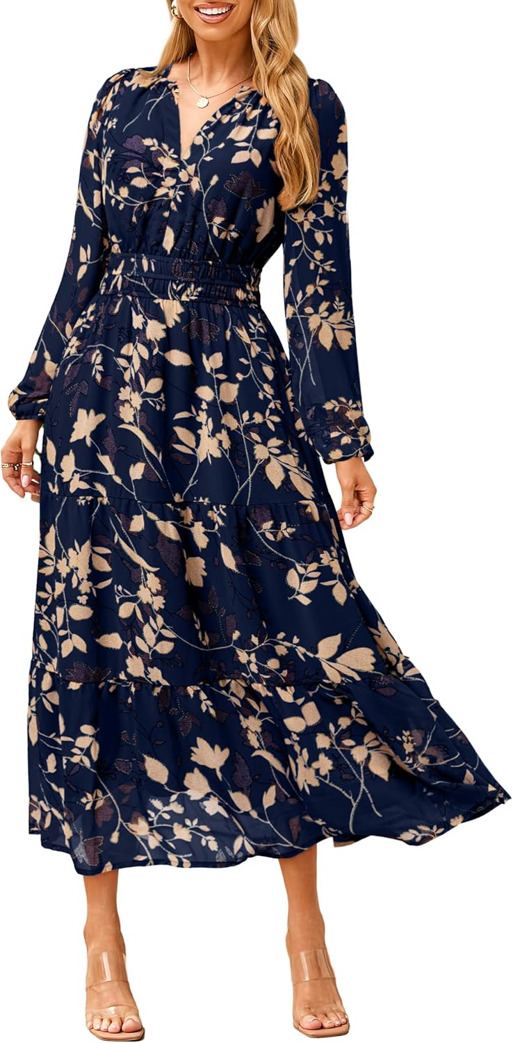 Simplee Women's Floral Boho Long Sleeve Maxi Dress V Neck Empire Waist Swing Flowy Wedding Guest Dress