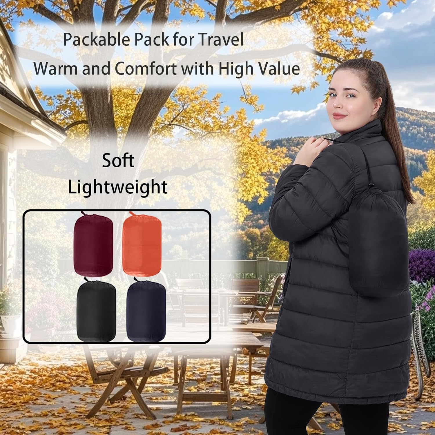 Plus Size Women Packable Puffer Jacket 1X-6X Water-Resistant Lightweight Puffer Coat Detachable Hood - Image 5