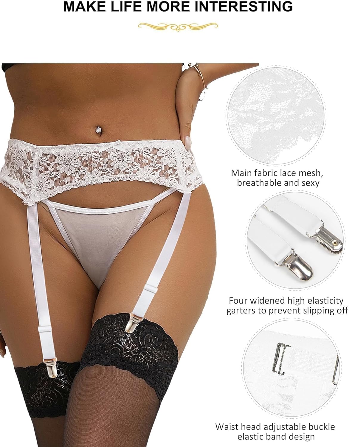 Women Floral Lace Garter Belt Plus Size Mesh Suspender Belt Set with 4 Straps Metal Clip for Thigh Highs - Image 4