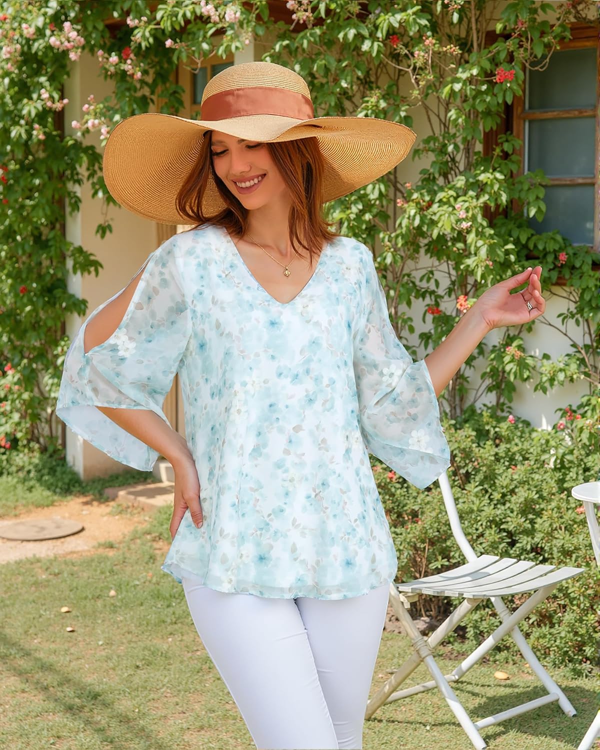 Bebonnie Womens Ruffle 3/4 Sleeve V Neck Double Layers Chiffon Blouses Dressy Tunic Tops - Image 3