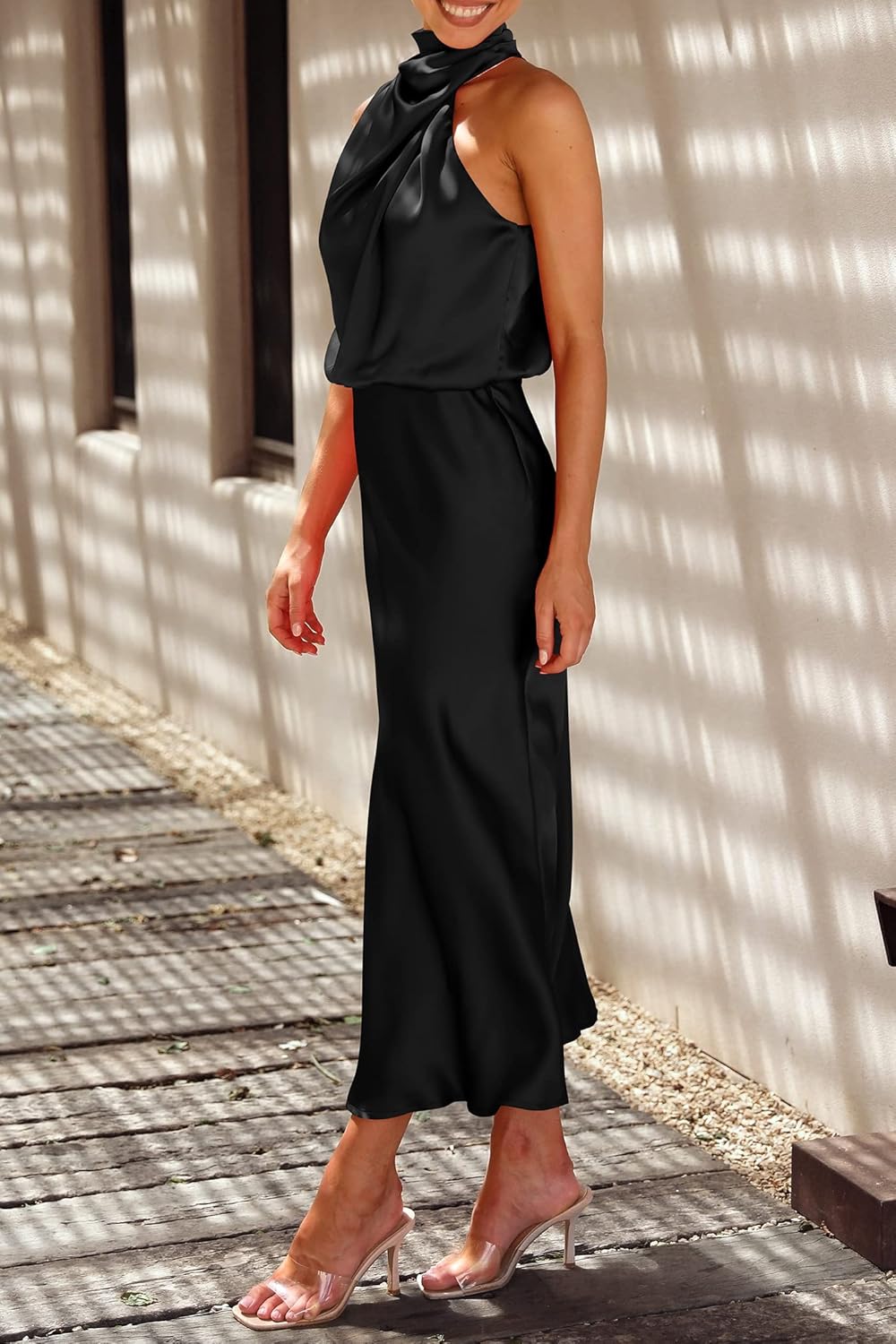 PRETTYGARDEN Women's 2026 Summer Satin Dress Elegant Sleeveless Mock Neck Cocktail Party Maxi Dresses - Image 8