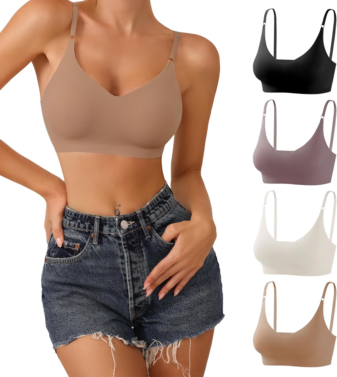 DEANGELMON V Neck Bra Padded Seamless Adjustable Straps Bralettes Everyday Basic Sleeping Bras Multiple Pack