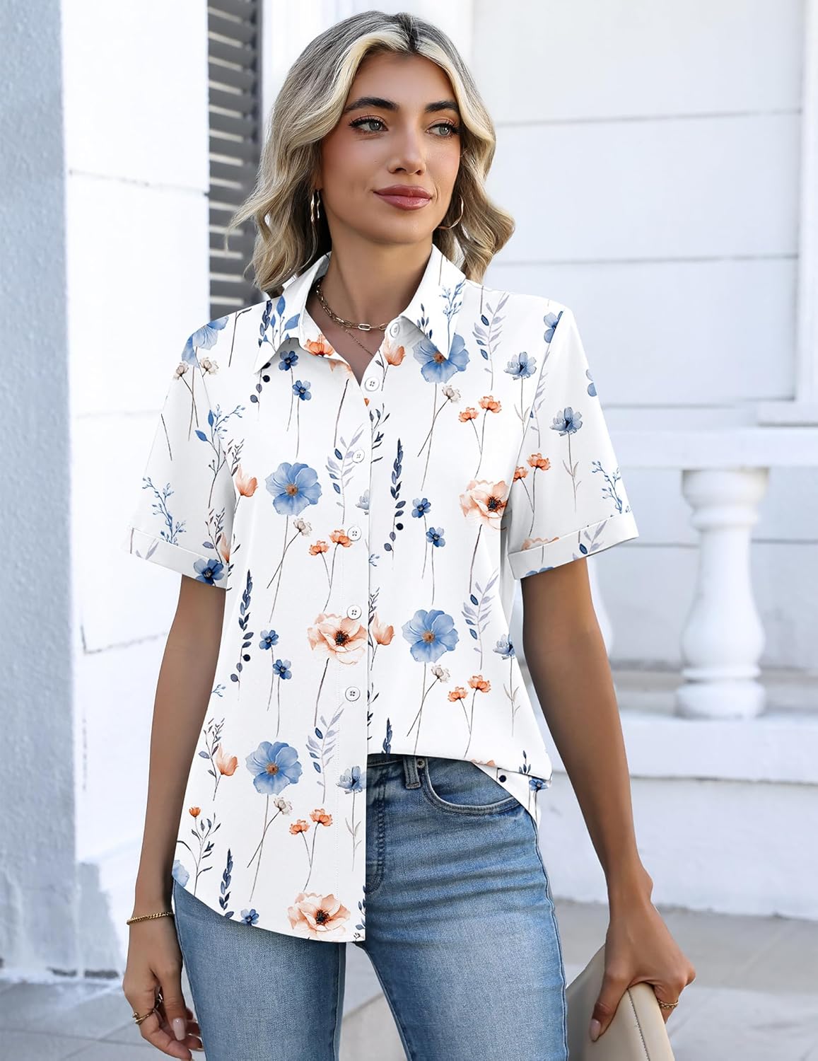 Zeagoo Button Down Shirts for Women Short Sleeve Collared Tops Dressy Casual V Neck Blouses - Image 4