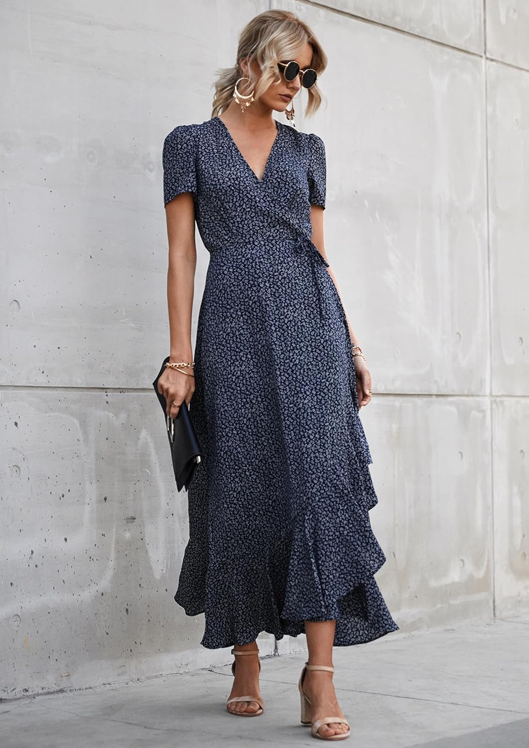 PRETTYGARDEN Women's Boho Floral Maxi Dress Summer Short Sleeve Wrap V Neck Long Flowy Beach Vacation Wedding Guest Dresses - Image 4