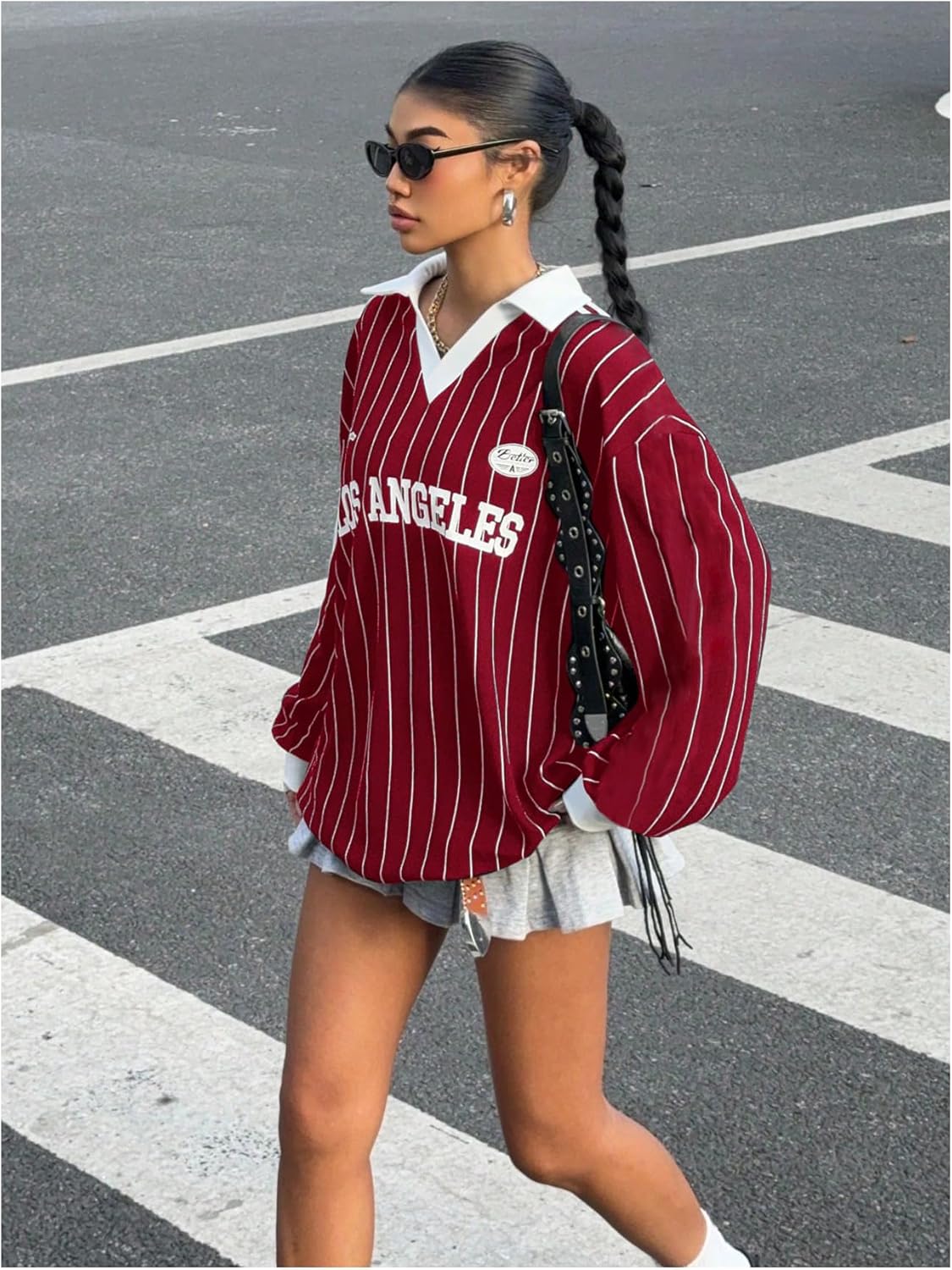 SOLY HUX Women's Oversized Tees Striped Letter Print Y2k Jersey T Shirt Collar V Neck Long Sleeve Loose Tops - Image 3