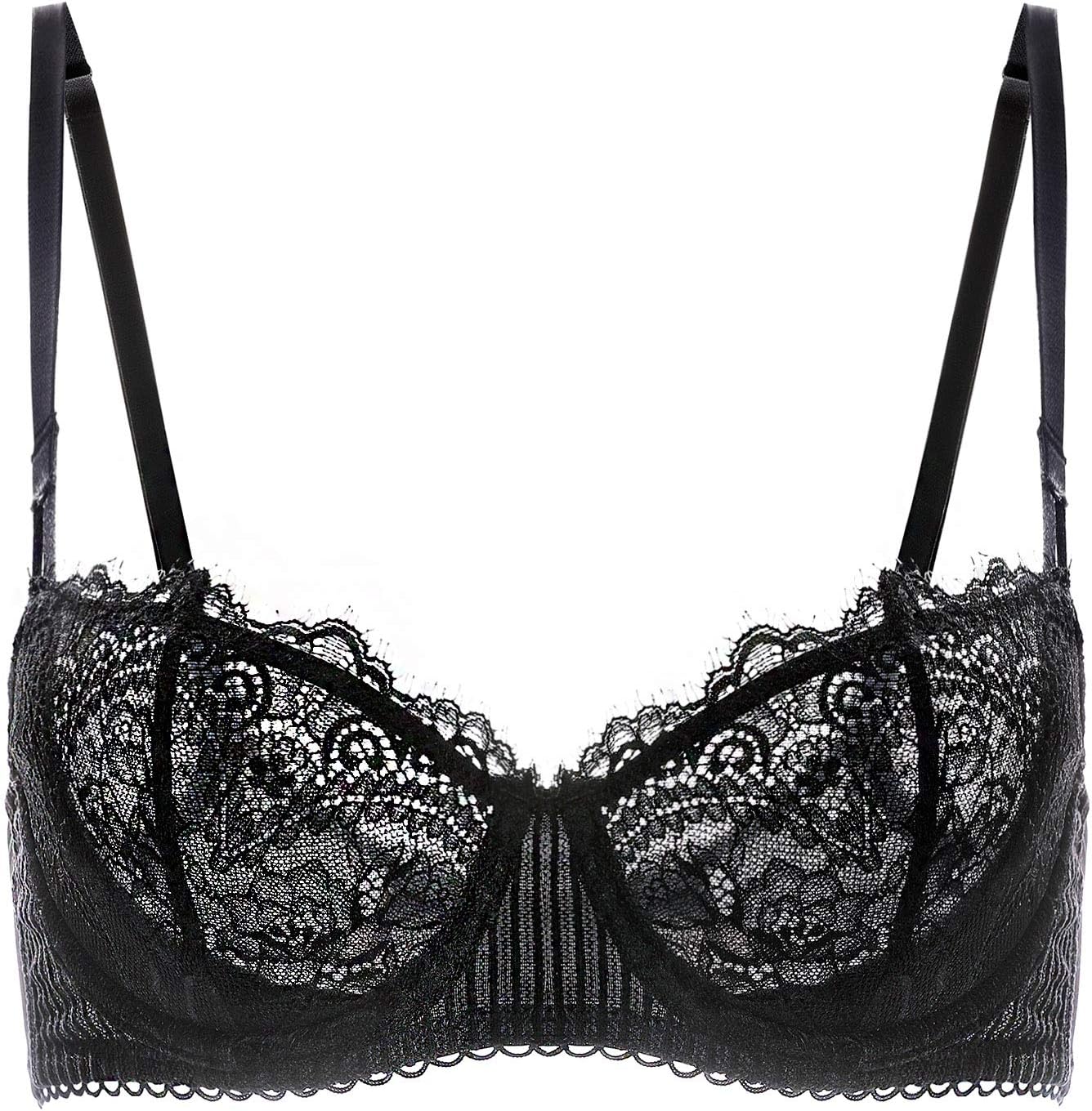 DOBREVA Women's Sexy Lace Push Up Plus Size Bra Sheer Balconette Underwire Unlined