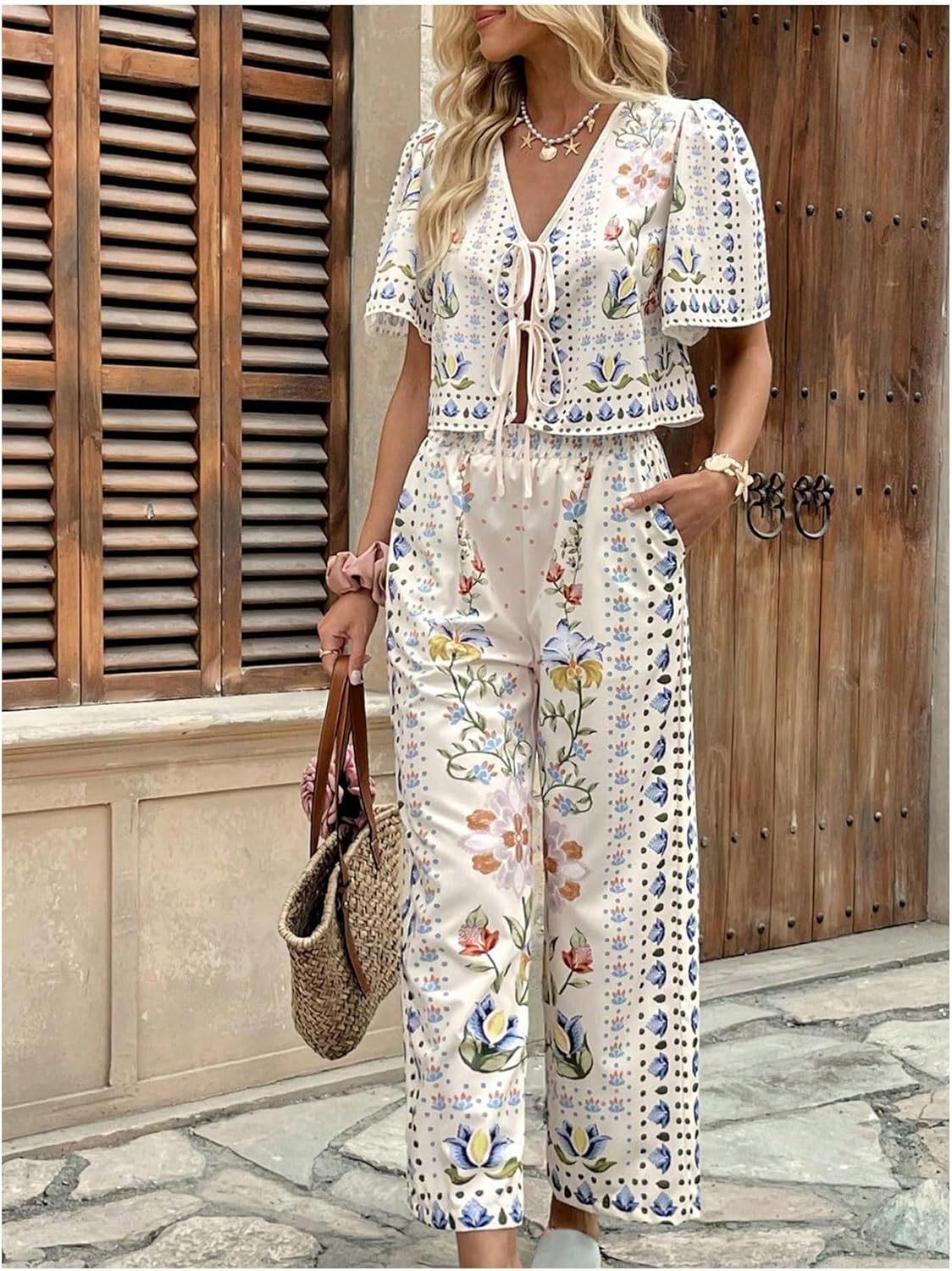 WDIRARA Women's Boho Floral 2 Piece Palazzo Pants Set Short Sleeve Tie Front Blouse Wide Leg Pants Vacation Outfits - Image 4