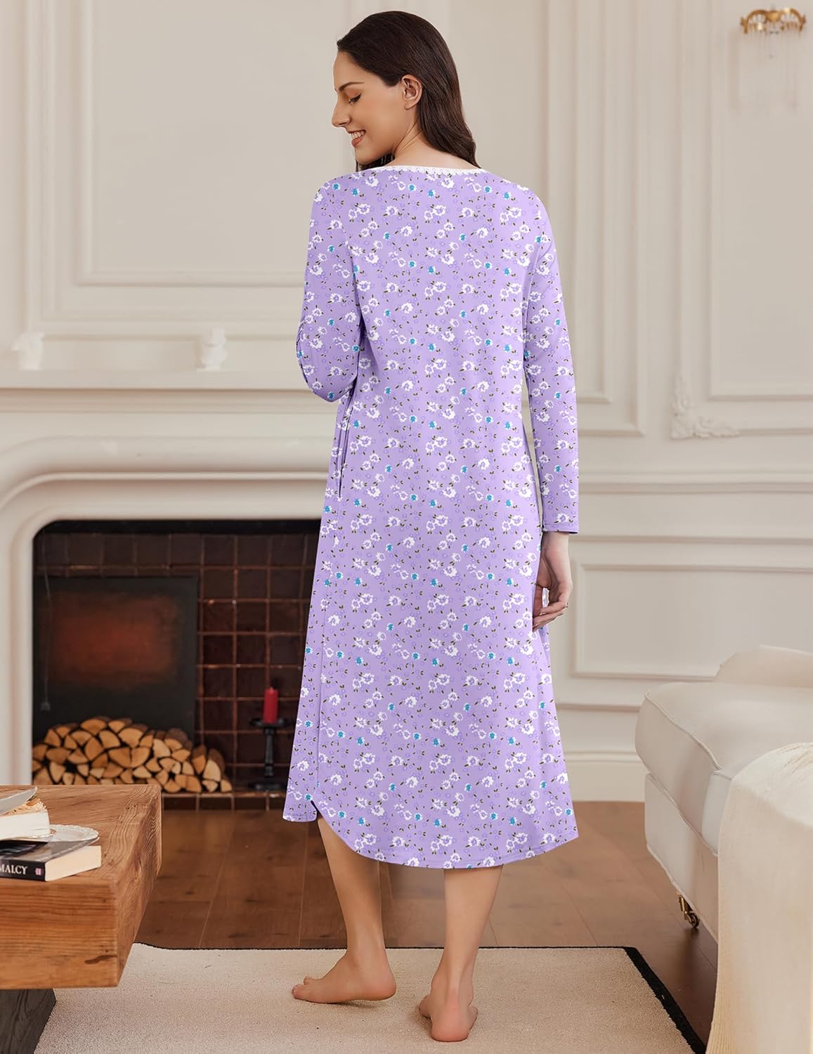 Ekouaer Women's Long Sleeve Nightgown Long Sleepshirt Henley Nightgowns Full Length Sleep Dress with Pockets S-3XL - Image 5