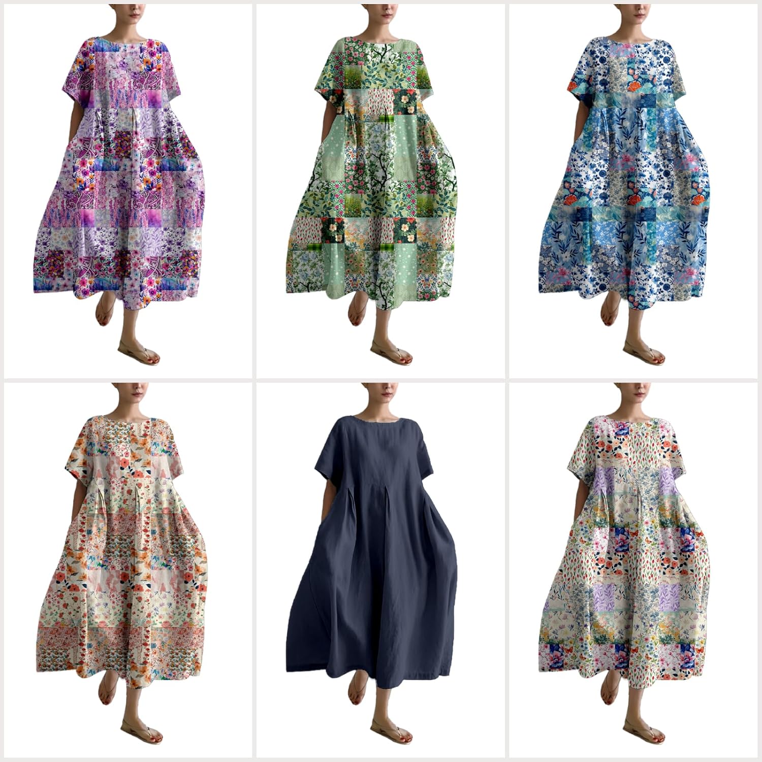 MARSVOVO Patchwork Flowy Dresses for Women Plus Size Loose Casual Tunic Dress Elegant Crewneck Maxi Dresses with Pockets - Image 4