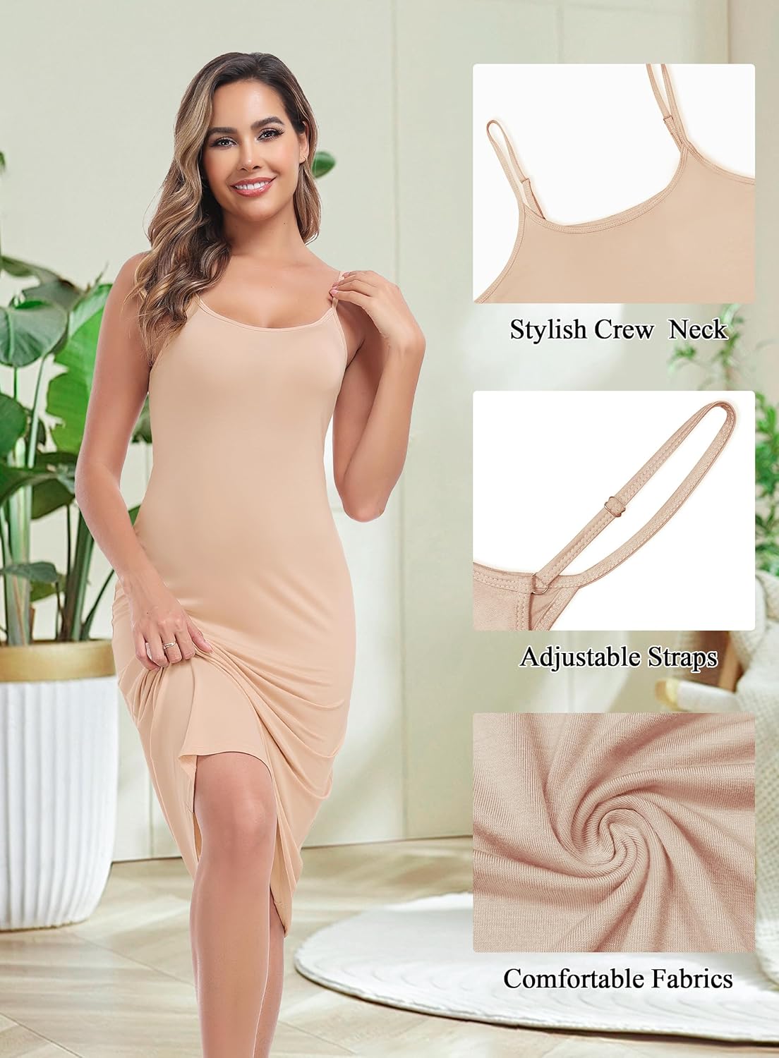 Lovasy Women's Full Slip for Under Dresses Cami Slip Mini Dress Adjustable Straps Basic Long Full Slips Nightgown S-3XL - Image 4