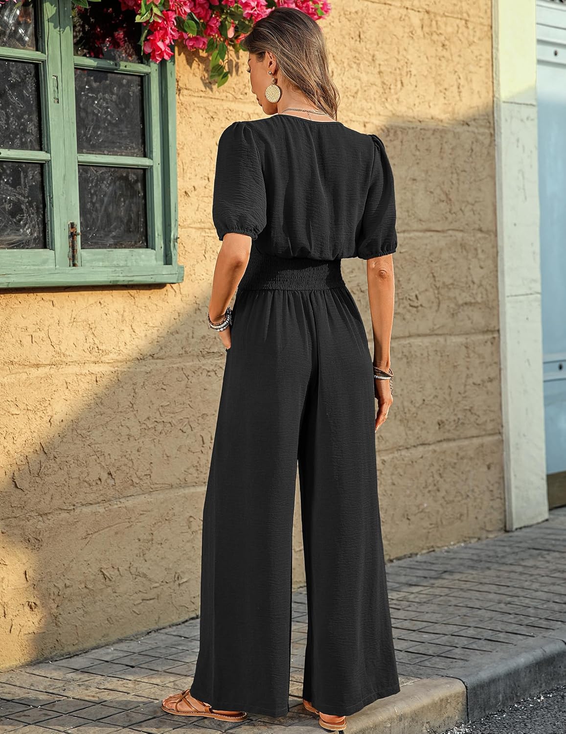 LOOKBOHO Womens Jumpsuits Short Sleeve V Neck Dressy Casual Wide Leg Pants Romper 2026 Summer One Piece Outfits - Image 3