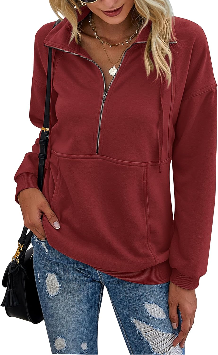 PRETTYGARDEN Women's Casual Long Sleeve Lapel Zipper Sweatshirt Drawstring Loose Pullover Tops