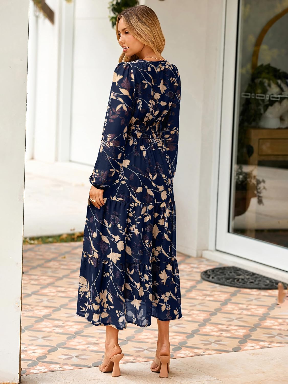 Simplee Women's Floral Boho Long Sleeve Maxi Dress V Neck Empire Waist Swing Flowy Wedding Guest Dress - Image 5
