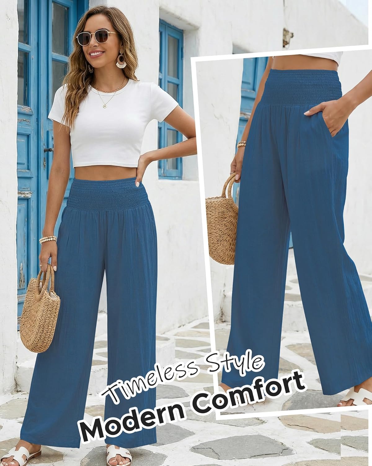Women Wide Leg Casual Pants High Waist Palazzo Pants Summer Lounge Trousers with Pockets - Image 6