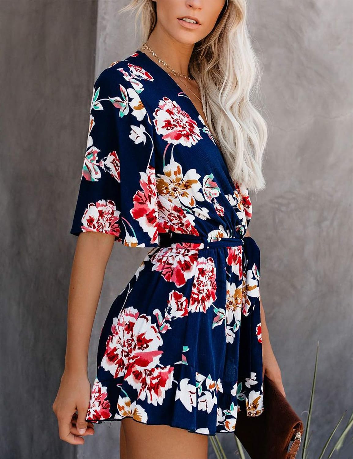Relipop Women's Summer Romper Floral Print V Neck Flared Half Sleeve Elastic Tie Waist Ruffle Casual Rompers Jumpsuits - Image 3