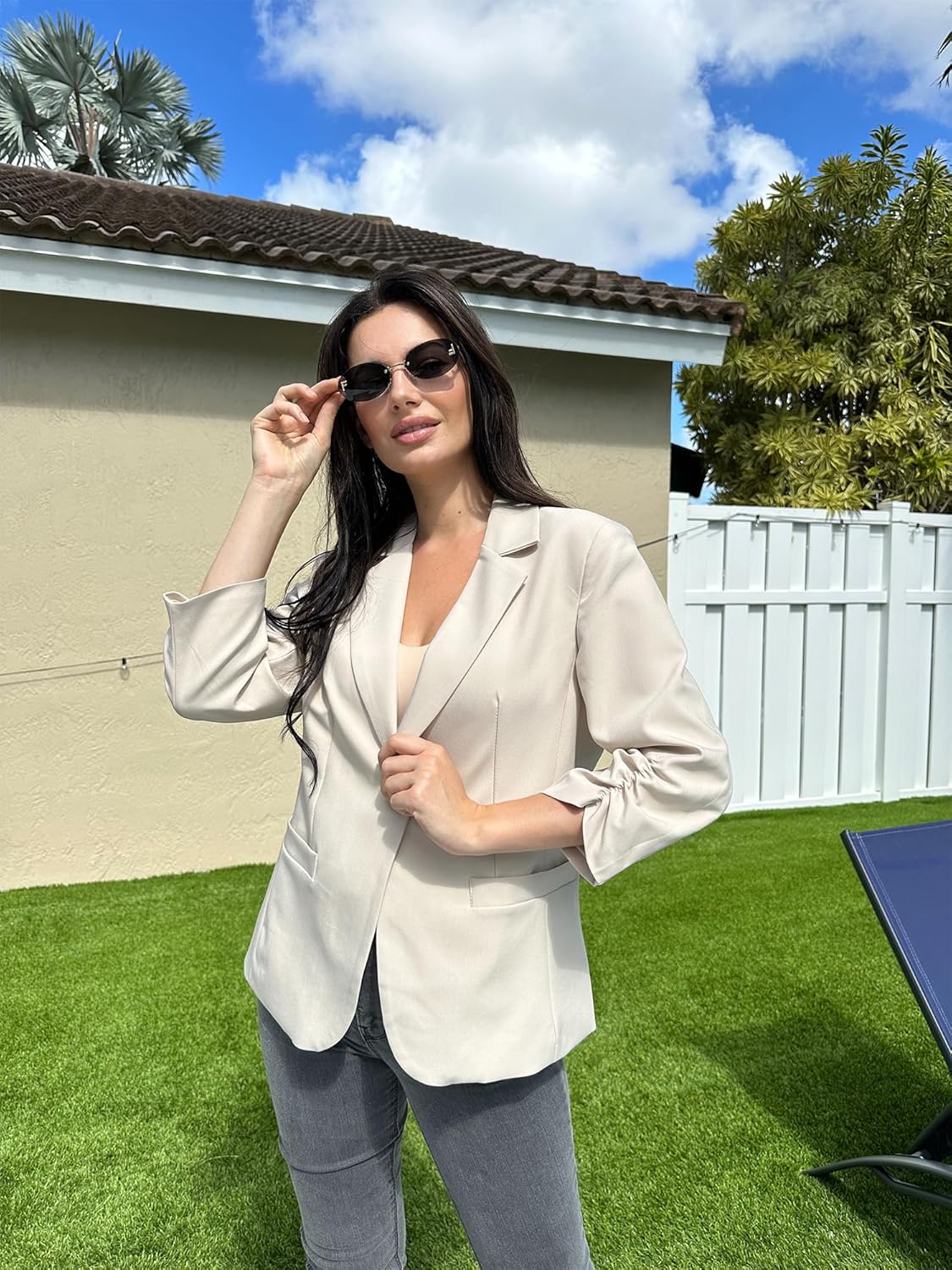 ELLEVEN Women's Ruched 3/4 Sleeve Blazers, Lightweight Slim Fit Jackets with Padded Shoulder for Business Casual - Image 6