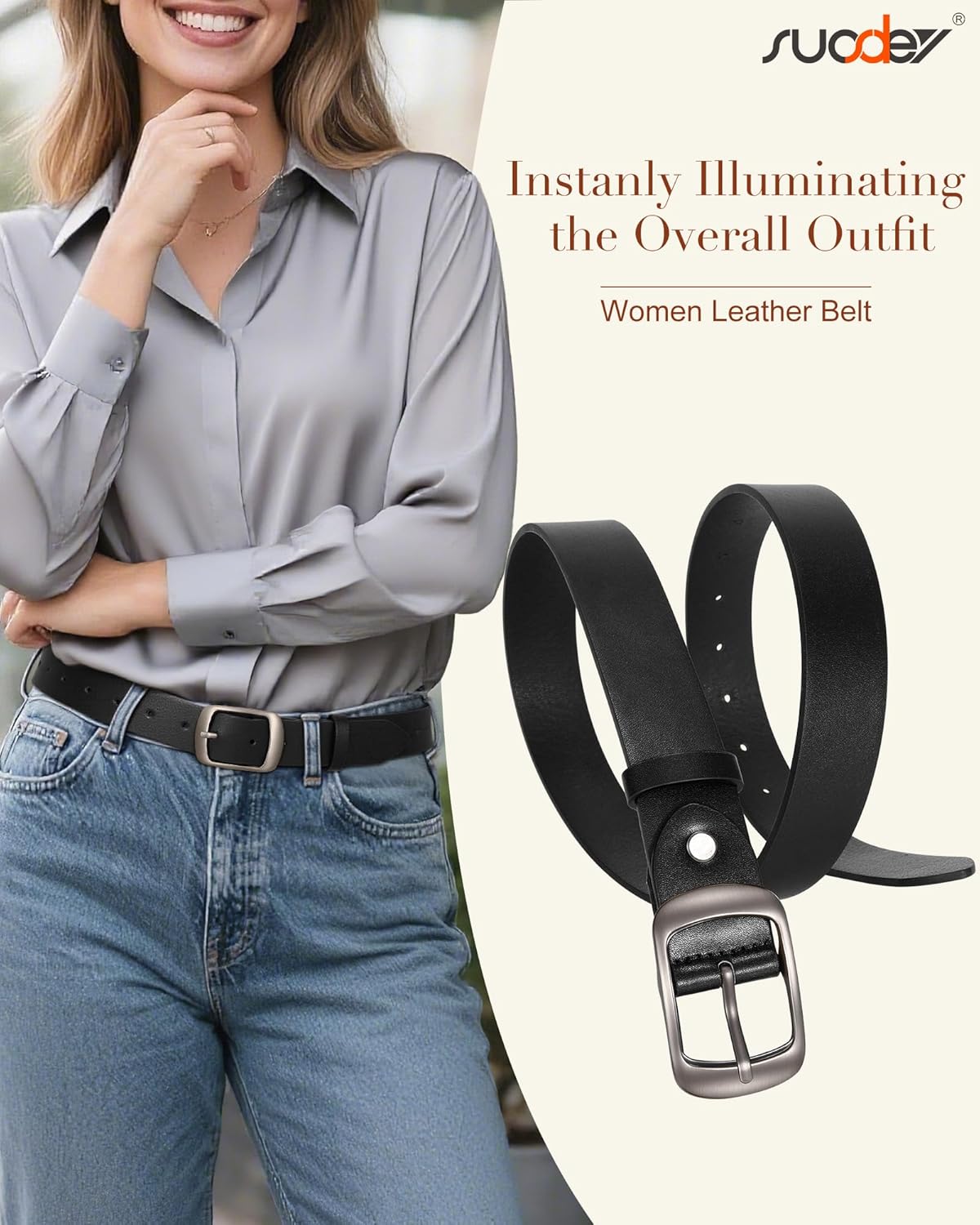 SUOSDEY Women Belts For Jeans Dresses Pants Ladies Leather Waist Belt with Elegant Buckle, Width 1.3" - Image 2