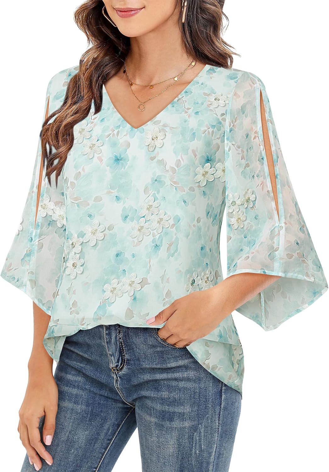 Bebonnie Womens Ruffle 3/4 Sleeve V Neck Double Layers Chiffon Blouses Dressy Tunic Tops - Image 2