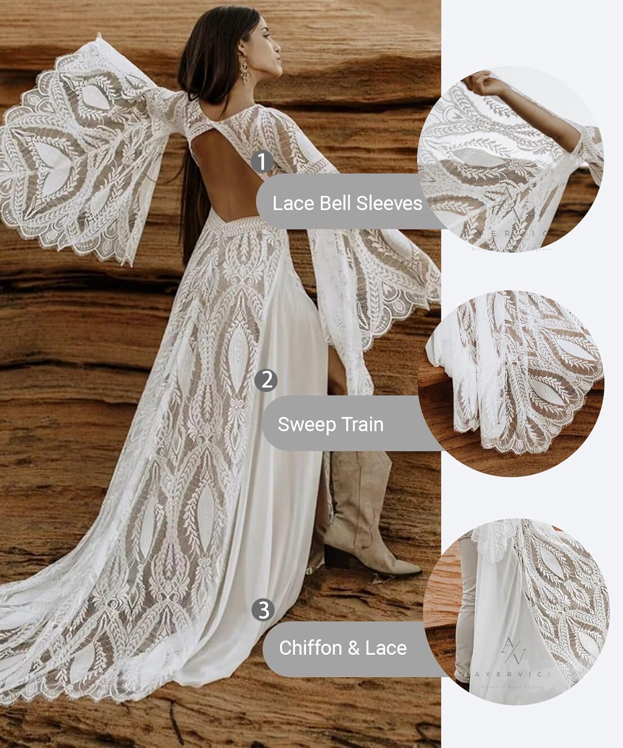 Women's Halter Lace Wedding Dress Removable Bell Sleeves High Slit A Line Long Informal Beach Bridal Gowns - Image 4