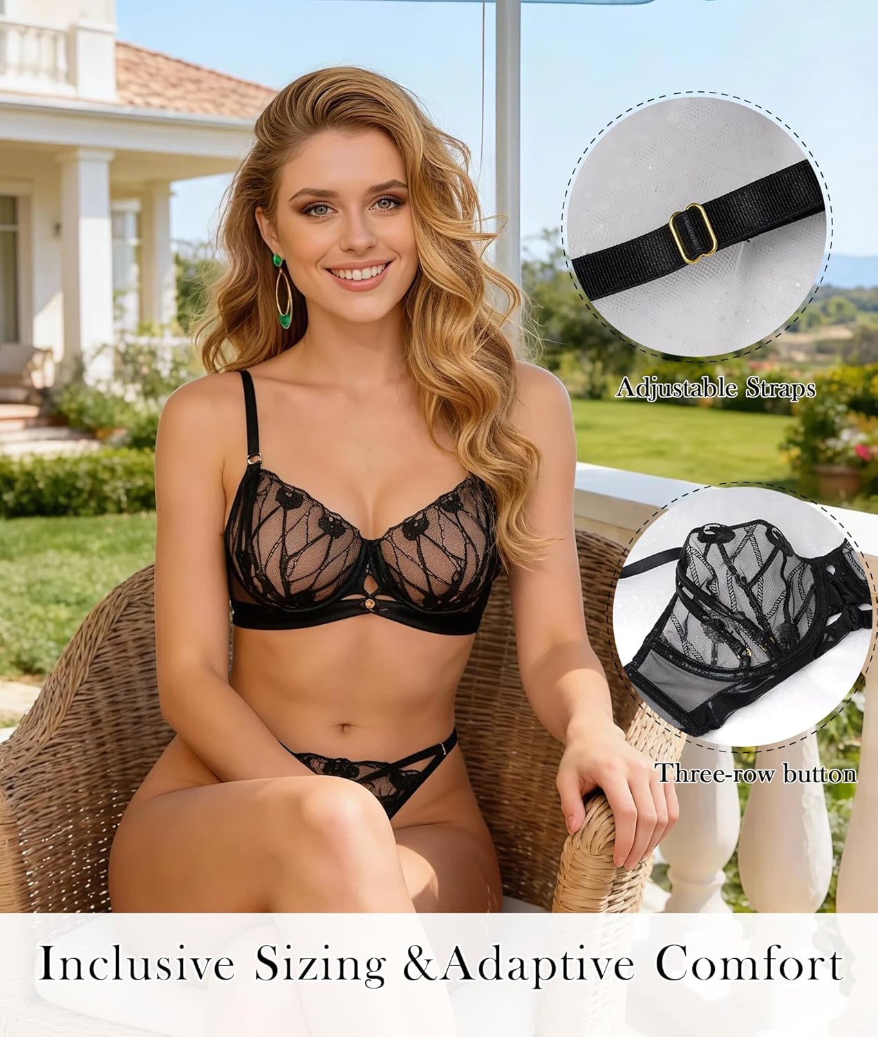 HELLOLAGIRL Women's Lingerie Set, Strappy Cage Underwire Bra and Thong with Geometric Floral Embroidery - Image 4