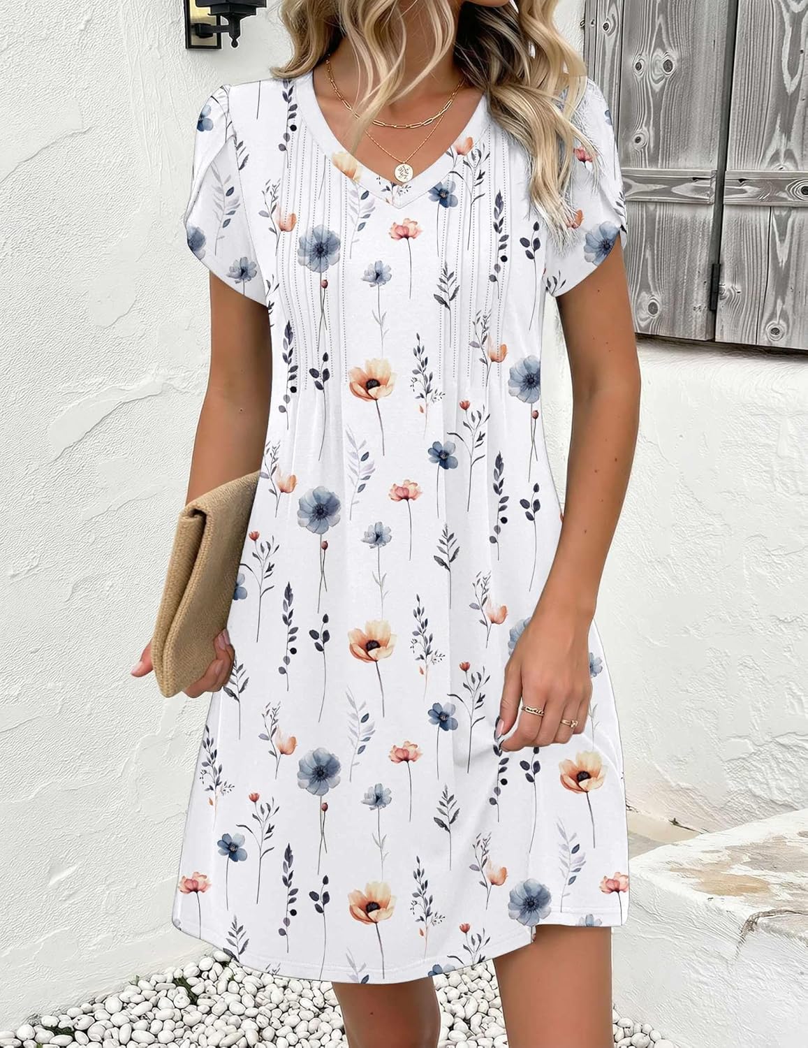 Zeagoo Summer Dresses for Women Casual A Line Dress 2026 V Neck Short Dresses Floral Sundress Pleated Boho Dress - Image 3