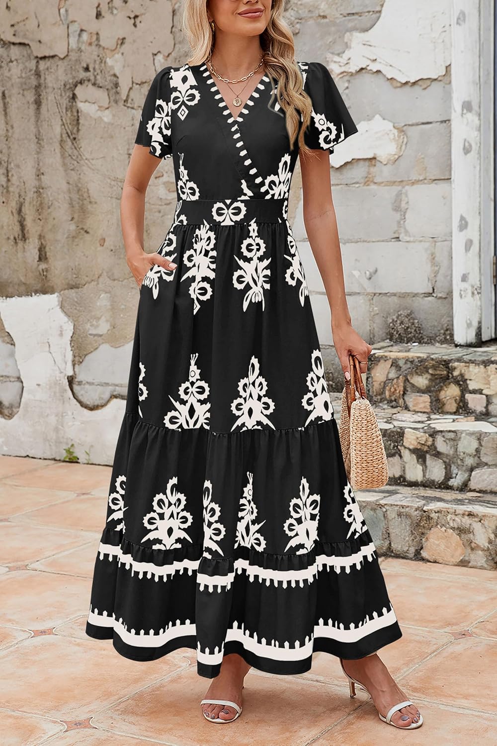PRETTYGARDEN Womens 2026 Summer Casual V Neck Boho Maxi Dress Flowy Aline Bell Sleeve Tiered Floral Dresses with Pocket - Image 3