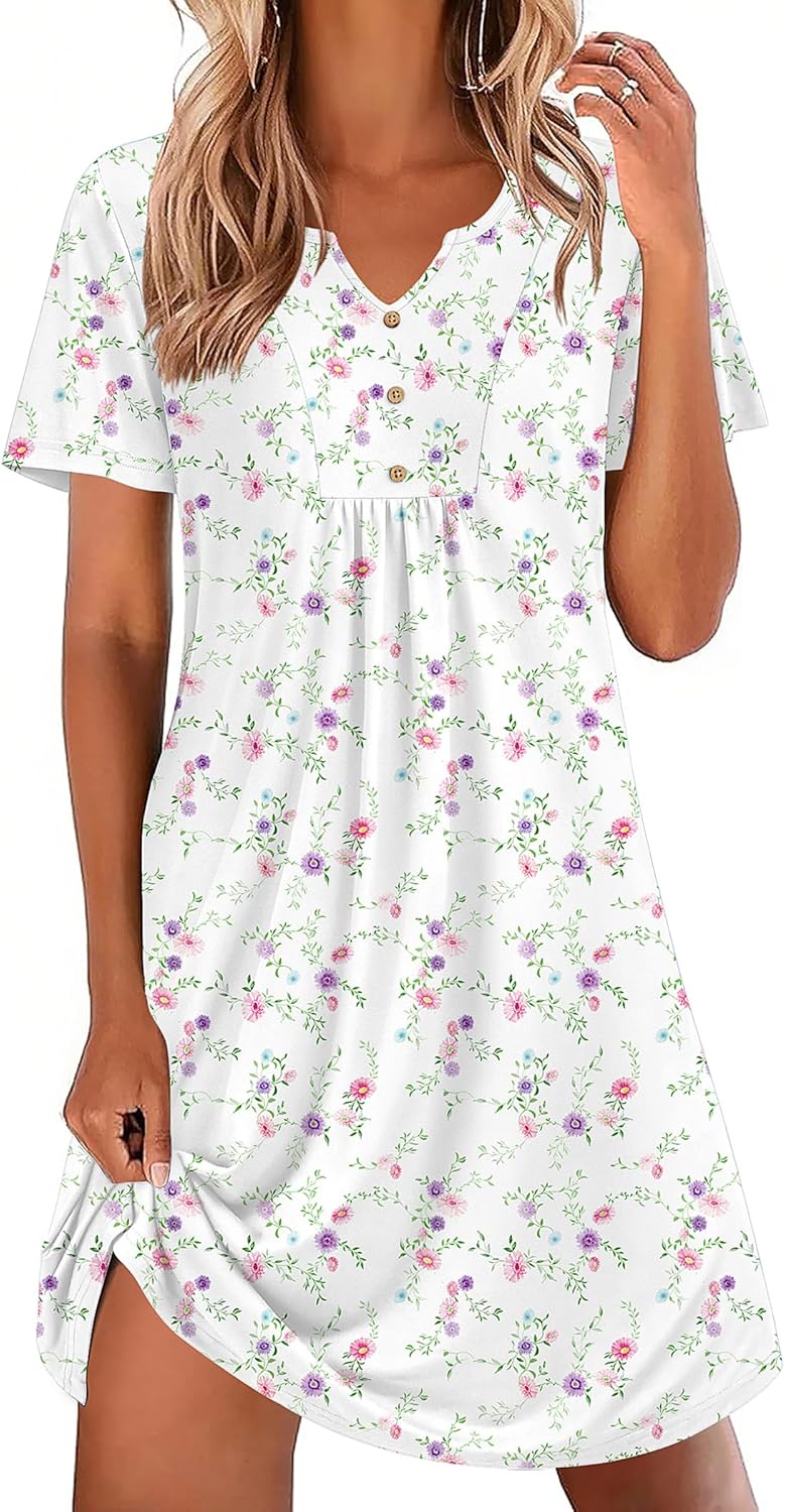 Ekouaer Nightgowns for Women Cotton Night Gowns Pleated Nightshirts Henley V Neck Sleepshirts Short Sleeve Sleepwear