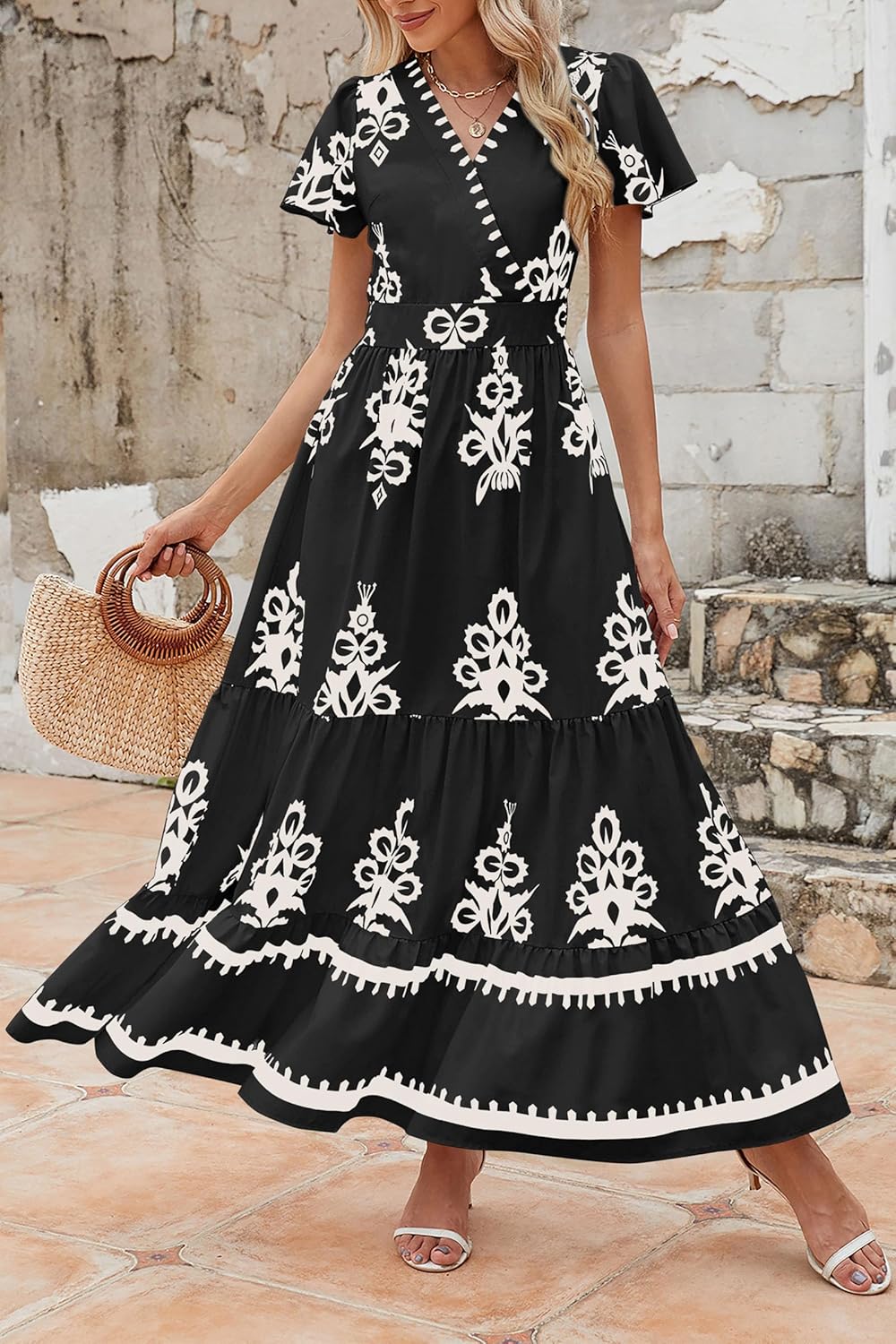 PRETTYGARDEN Womens 2026 Summer Casual V Neck Boho Maxi Dress Flowy Aline Bell Sleeve Tiered Floral Dresses with Pocket - Image 8