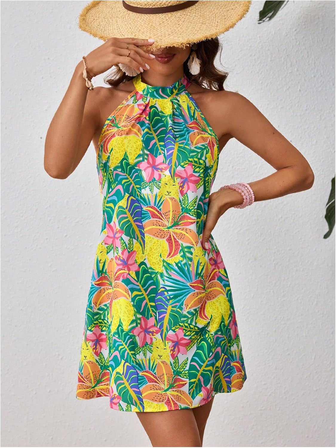 Floerns Women's Sleeveless Floral Print Sundress Halter Neck A Line Short Dress - Image 5