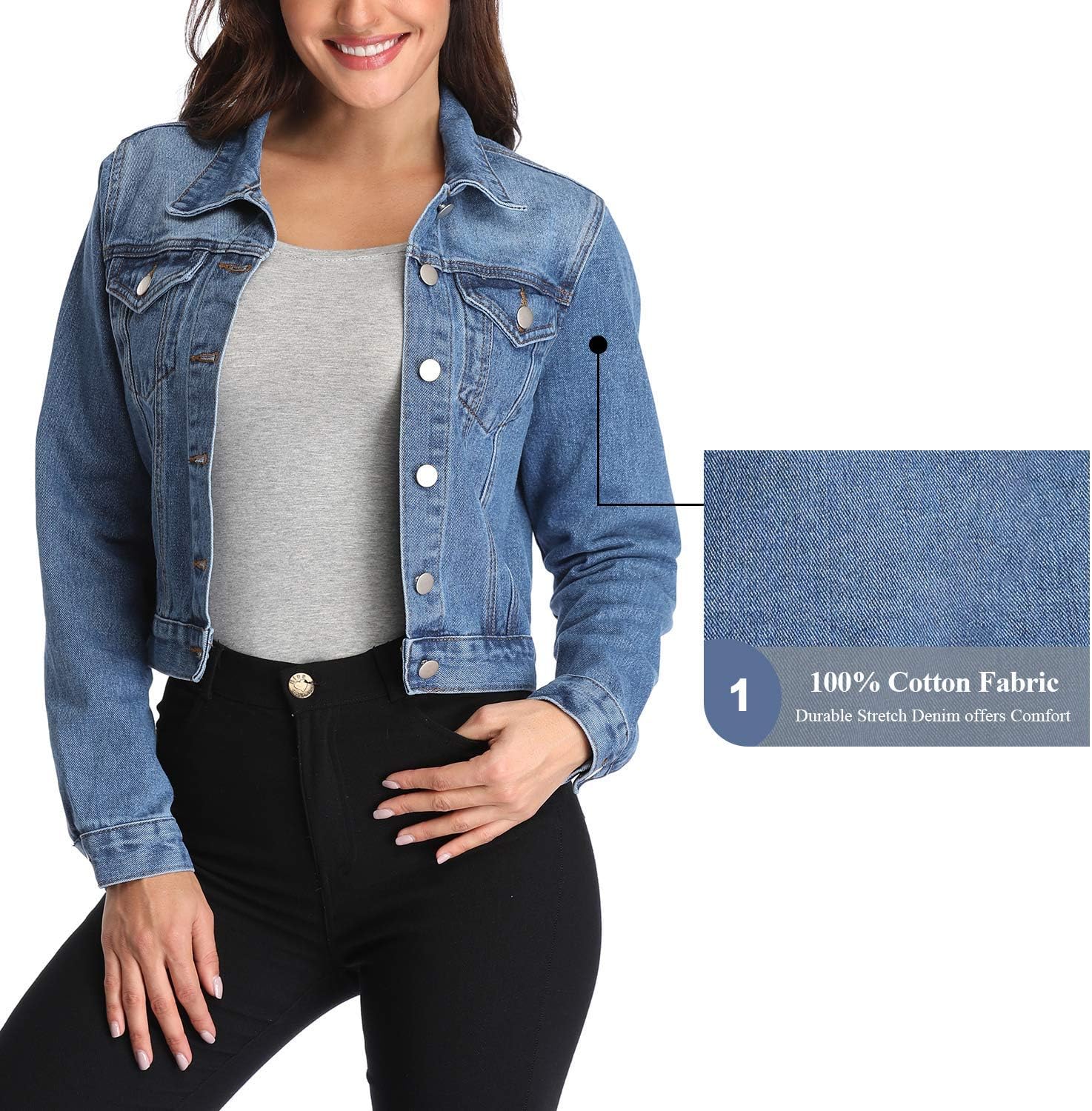 andy & natalie Women's Denim Jackets Cropped Long Sleeve Basic Button Down Crop Jean Shacket with Pockets - Image 5
