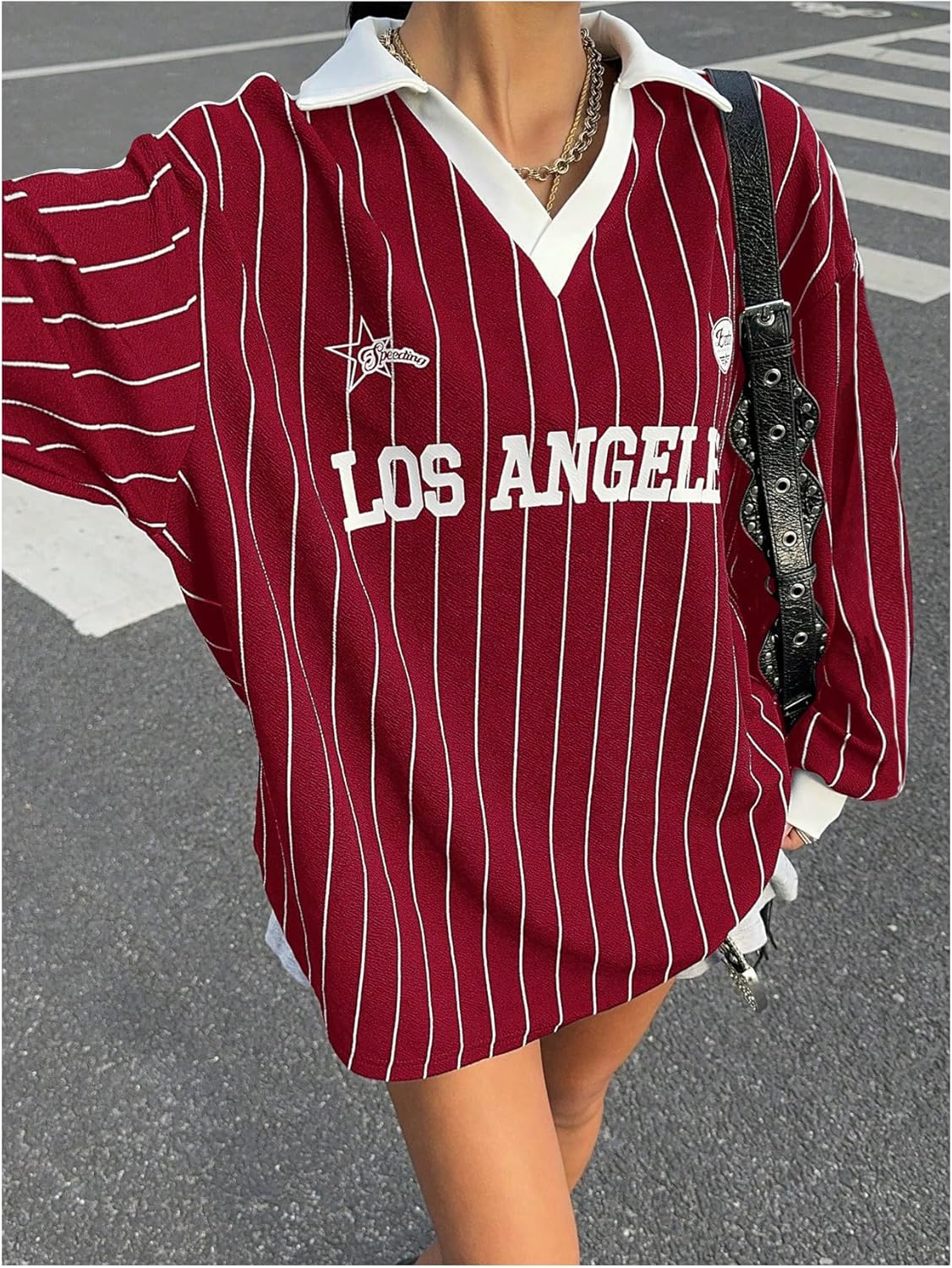 SOLY HUX Women's Oversized Tees Striped Letter Print Y2k Jersey T Shirt Collar V Neck Long Sleeve Loose Tops - Image 4