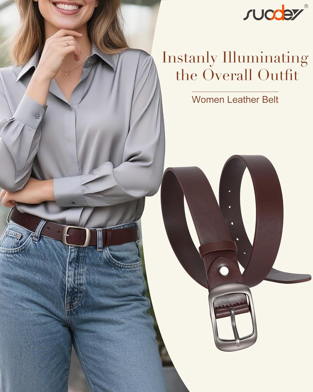 SUOSDEY Women Belts For Jeans Dresses Pants Ladies Leather Waist Belt with Elegant Buckle, Width 1.3" - Image 2