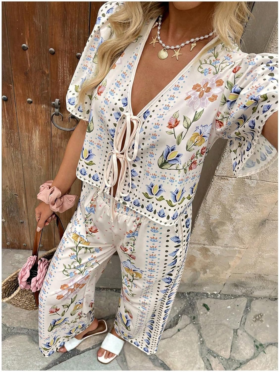 WDIRARA Women's Boho Floral 2 Piece Palazzo Pants Set Short Sleeve Tie Front Blouse Wide Leg Pants Vacation Outfits - Image 5