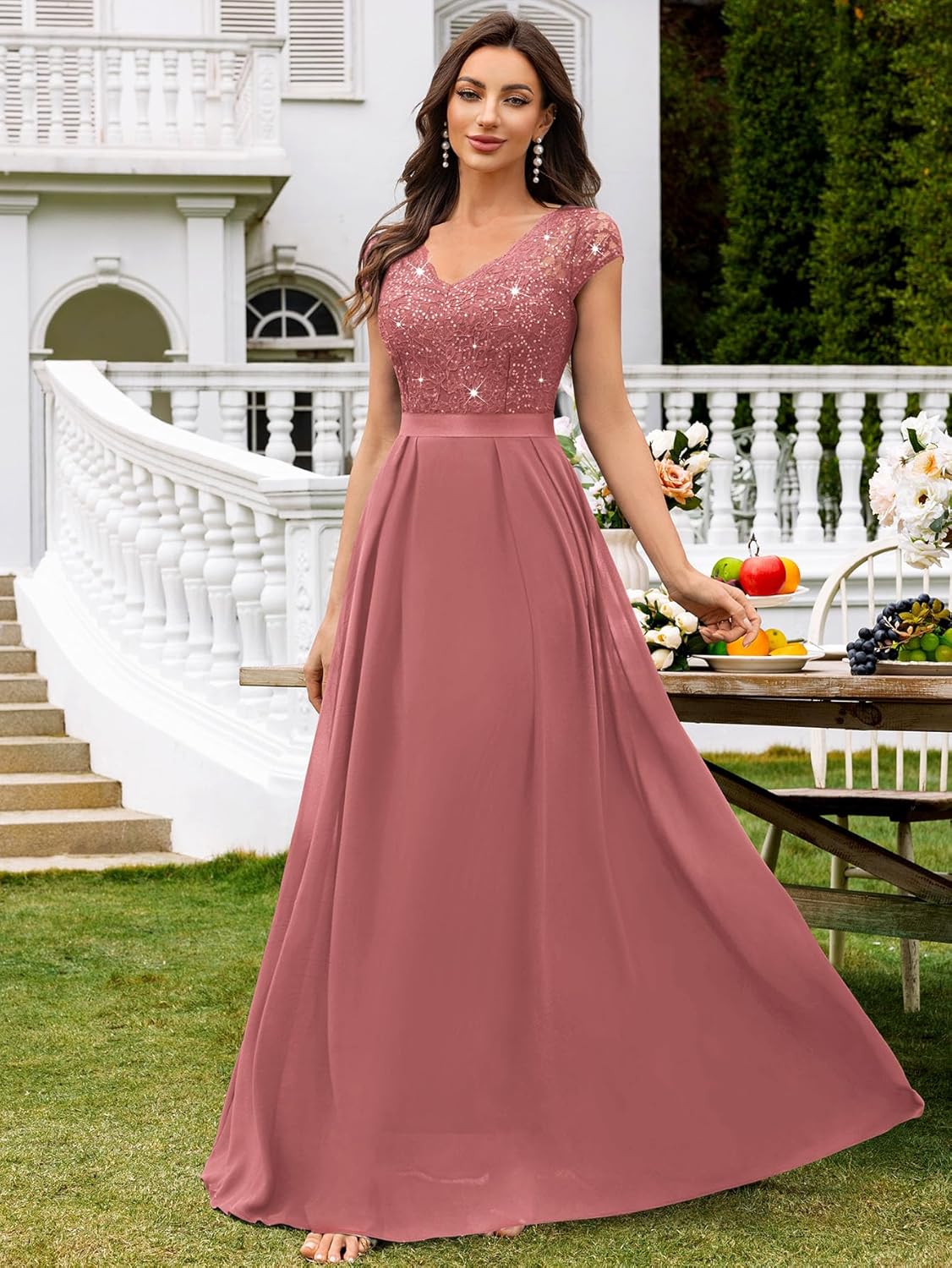 Miusol Women's Elegant V-Neck Cap Sleeve Sequined Floral Lace Formal Party Maxi Dress - Image 6