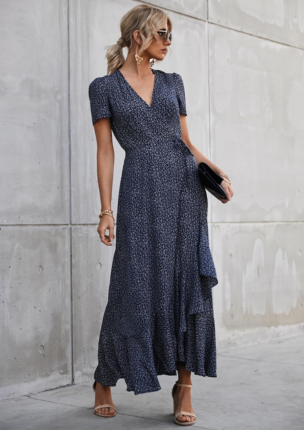PRETTYGARDEN Women's Boho Floral Maxi Dress Summer Short Sleeve Wrap V Neck Long Flowy Beach Vacation Wedding Guest Dresses - Image 8