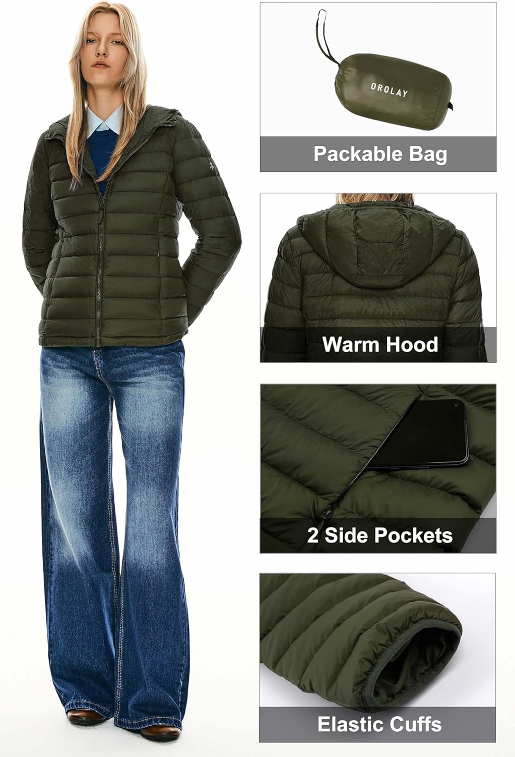 Orolay Women's Packable Down Jacket Hooded Ultra Light Weight Short Spring Puffer Coat with Pockets - Image 6