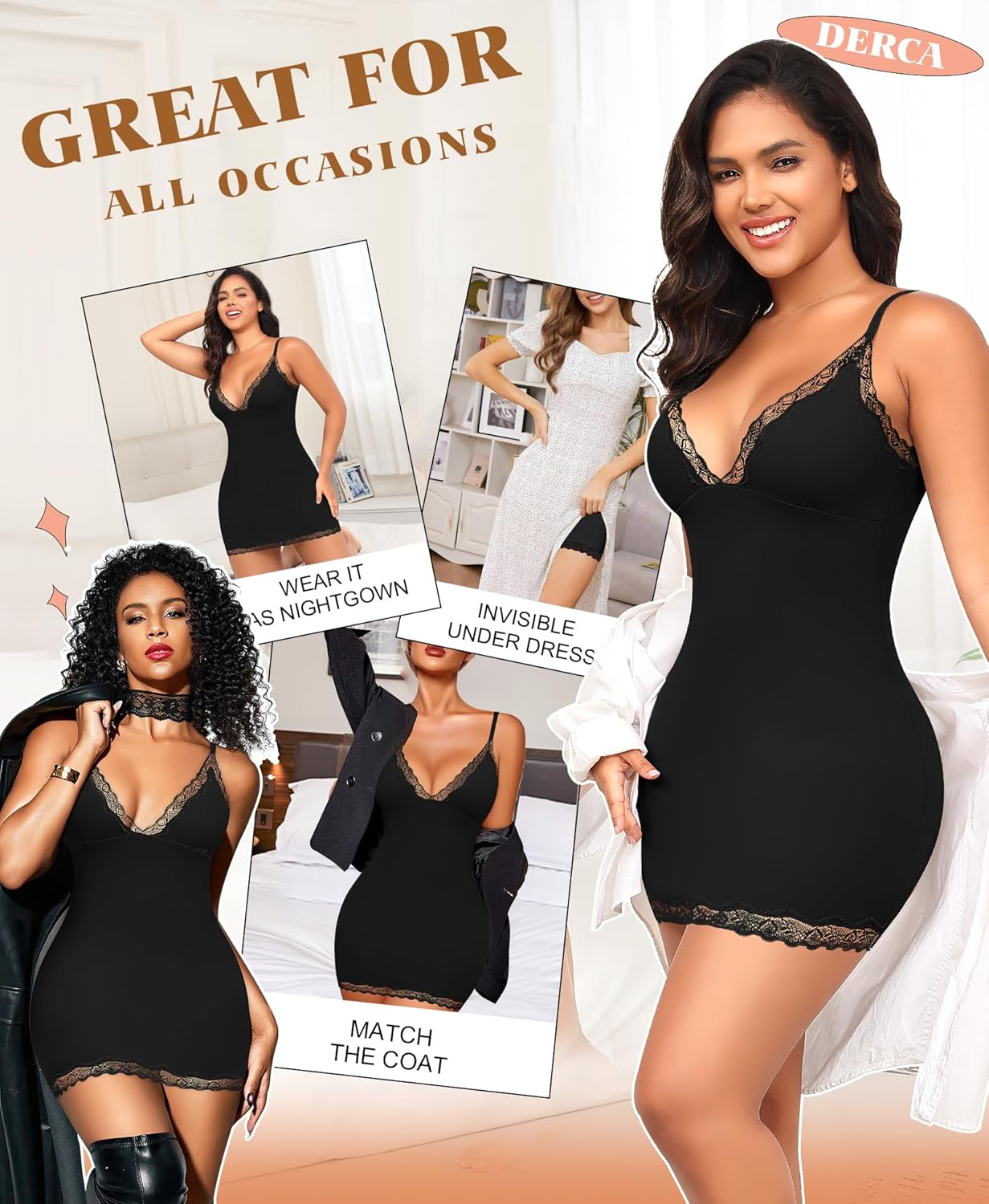 DERCA Slip Dress for Women Adjustable Spaghetti Strap V Neck Full Slips Under Dresses Camisole Slip Nightgown - Image 6