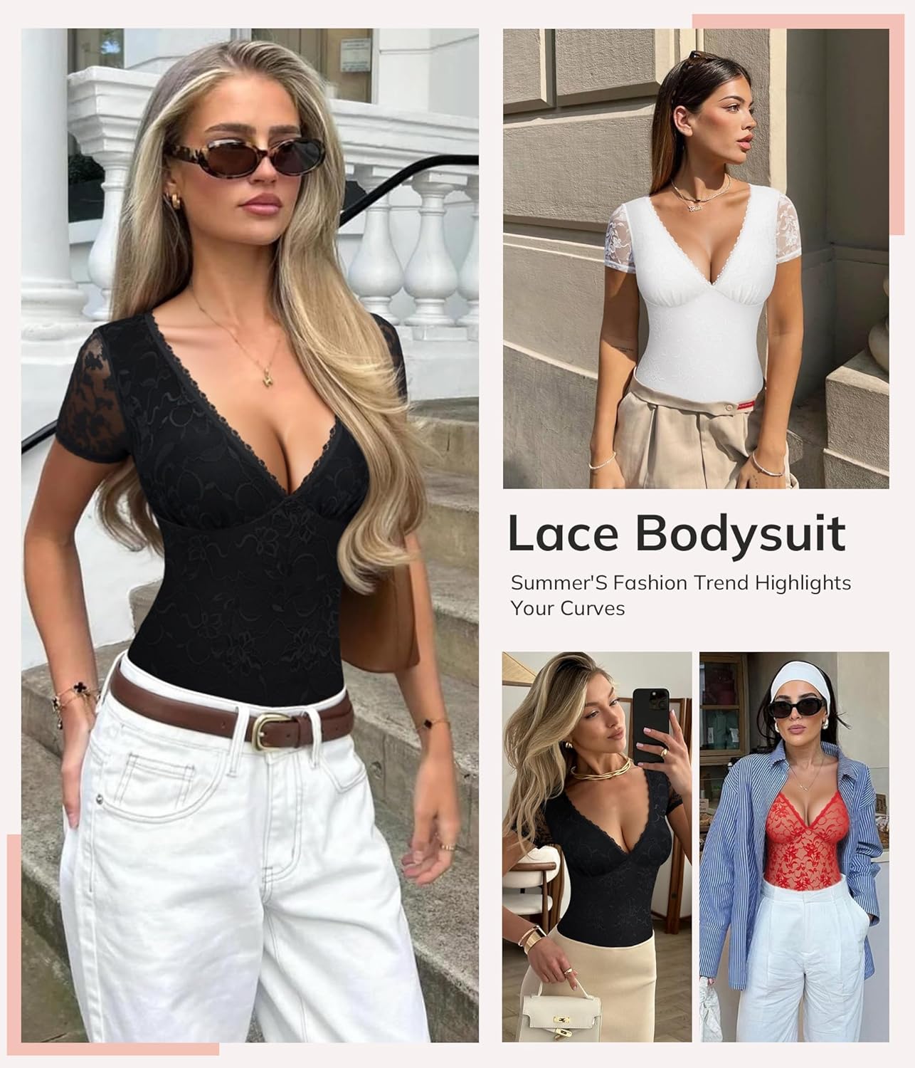 LODAY Lace Bodysuit Short Sleeve Bodysuit for Women Deep V Neck Body Suits Double Lined Bodysuit Slim Fit - Image 5