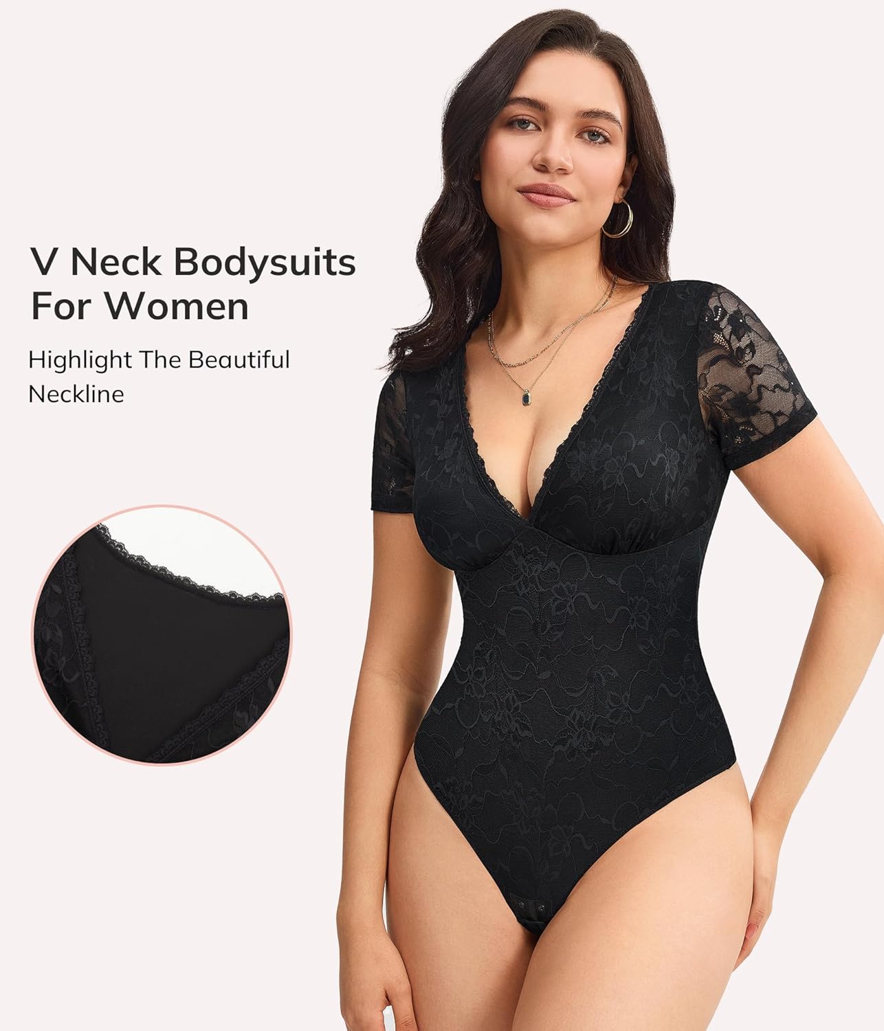 LODAY Lace Bodysuit Short Sleeve Bodysuit for Women Deep V Neck Body Suits Double Lined Bodysuit Slim Fit - Image 2