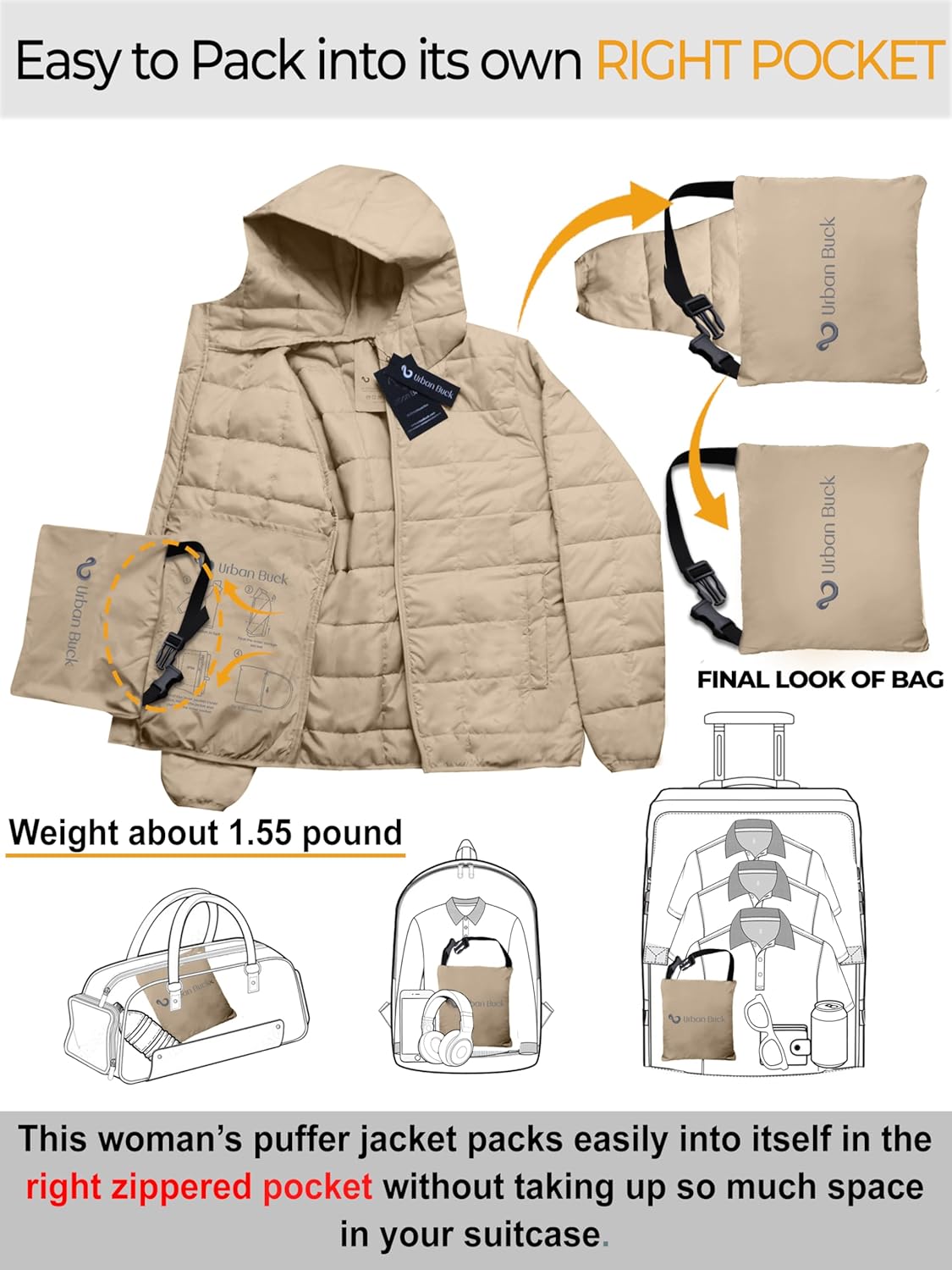 URBAN BUCK Packable Puffer Jacket Women with Hood – 32 Degree Lightweight Quilted Winter Puff Foldable Jacket for Women - Image 4