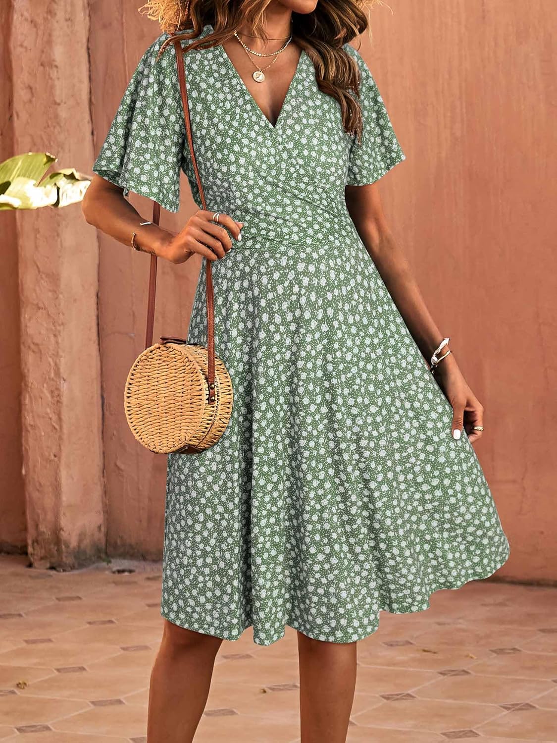 FENSACE Womens Sundress Summer Floral Short Sleeve Wrap V Neck A-Line Midi Dress - Image 2