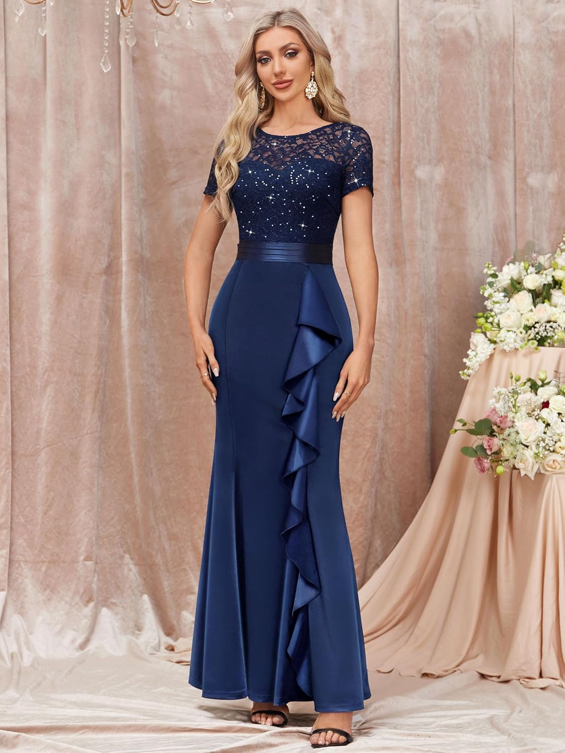 Miusol Women's Elegant Sequin Lace Contrast Ruffle Style Formal Evening Long Dress - Image 3
