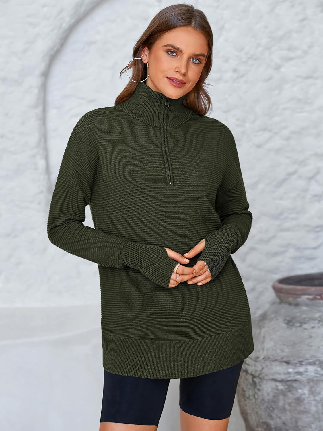 PRETTYGARDEN Womens Long Sleeve Quarter Zip Pullover Sweater Casual Loose V Neck Collared Ribbed Knit Jumper Tops Thumb Hole - Image 4