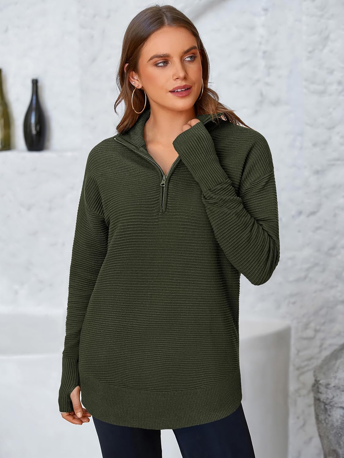 PRETTYGARDEN Womens Long Sleeve Quarter Zip Pullover Sweater Casual Loose V Neck Collared Ribbed Knit Jumper Tops Thumb Hole - Image 2
