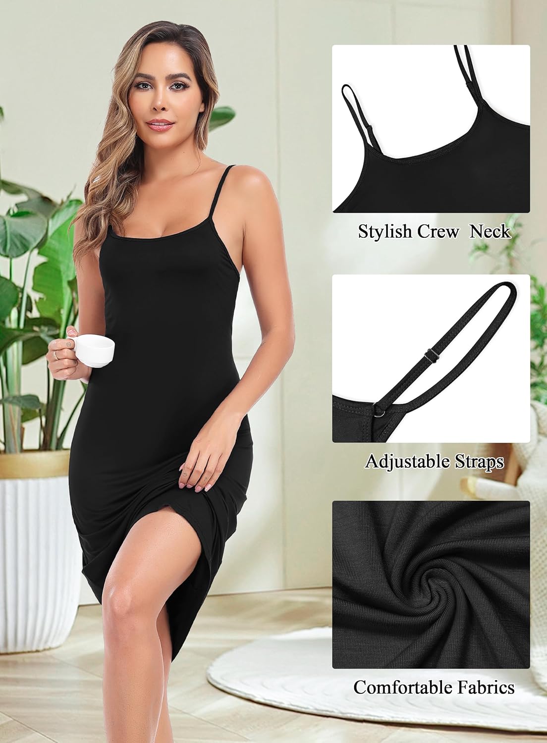 Lovasy Women's Full Slip for Under Dresses Cami Slip Mini Dress Adjustable Straps Basic Long Full Slips Nightgown S-3XL - Image 3
