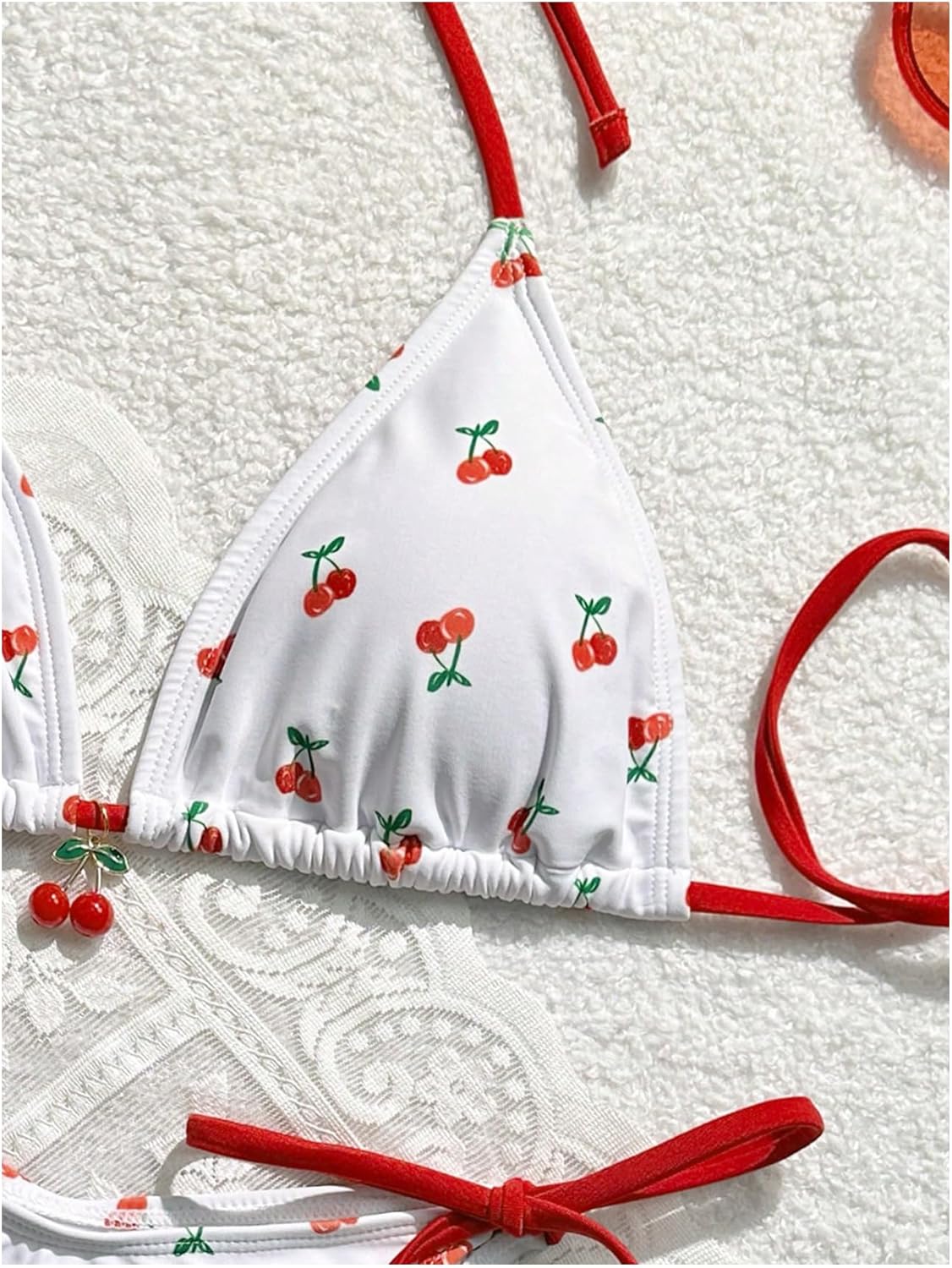 WDIRARA Women's 2 Piece Swimsuit Cherry Print Bikini Set Halter Triangle Bikini Side Tie String Bathing Suits - Image 3