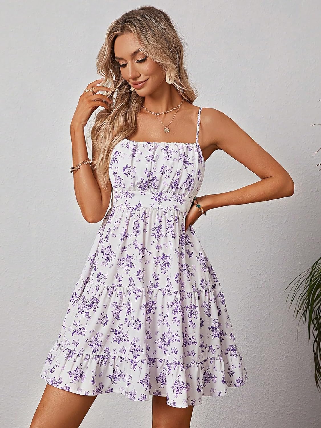 Verdusa Women's Floral Print Dress Cute Summer Mini Dresses Ruched Sleeveless Ruffle Hem A Line Cami Sundress - Image 3