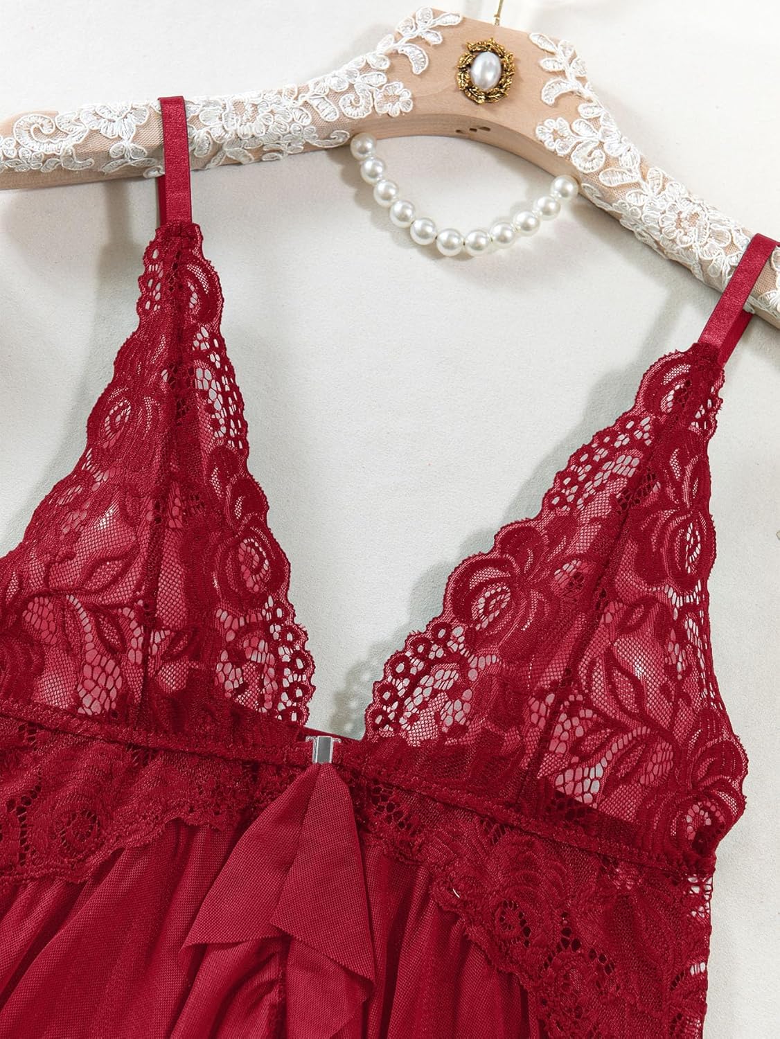 Foxiny Sexy Open Front V Neck Ruffle Sheer Mesh Lace Wireless Babydoll Lingerie Dress with Thong 2 Piece - Image 7