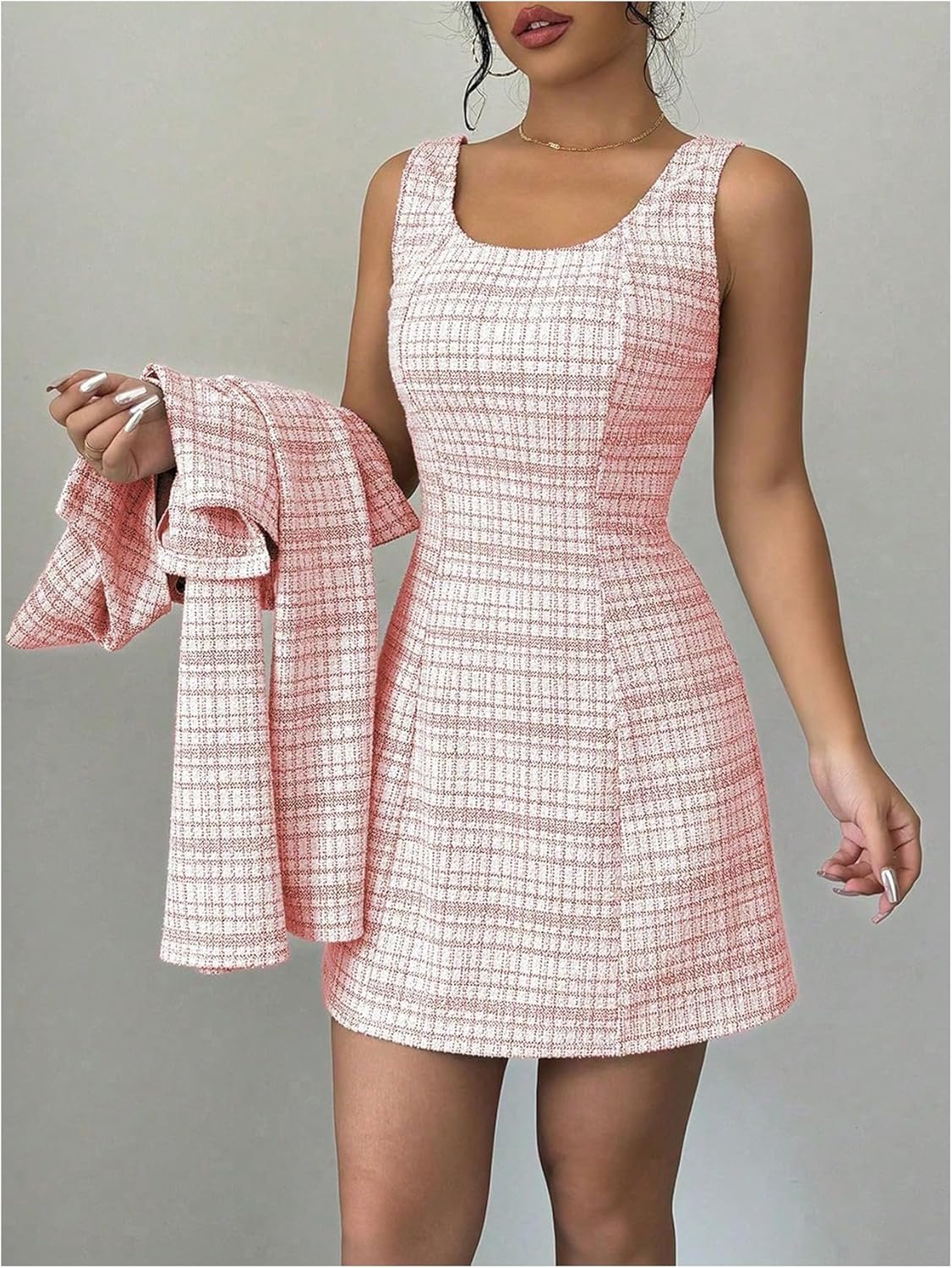 SOLY HUX Women's 2 Piece Outfits Plaid Long Sleeve Button Down Cropped Jacket and Sleeveless Mini Dress Sets - Image 3